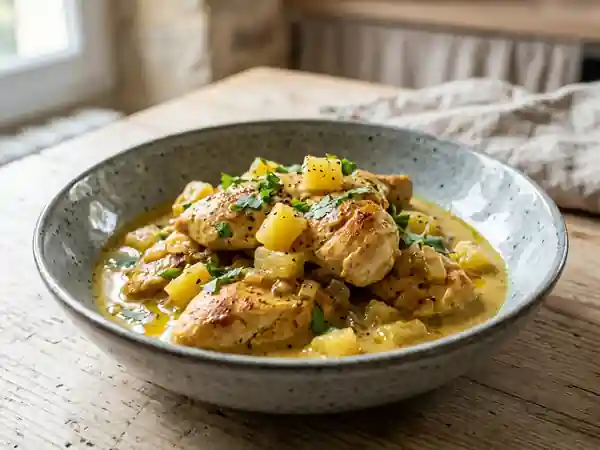 Blanc de poulet tendre à la sauce exotique à l'ananas - Photo de présentation