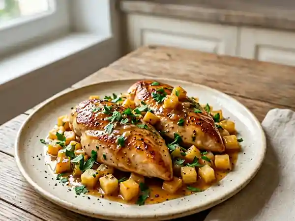 Blancs de poulet fondants au cidre et pommes persillées - Photo de présentation
