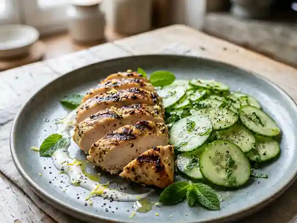 Blancs de poulet grillés au yaourt et salade fraîche de concombres - Photo de présentation