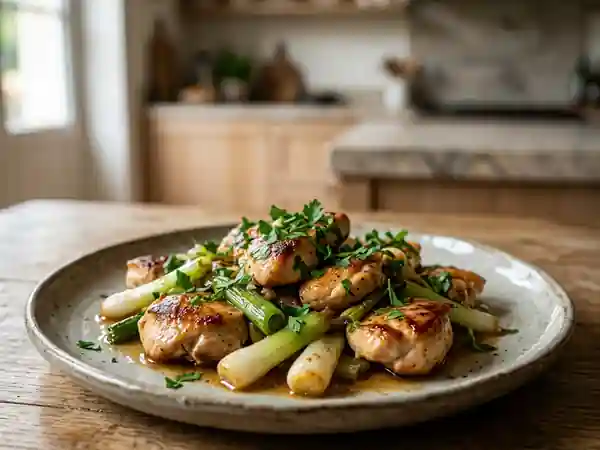 Poulet doré et oignons nouveaux fondants - Photo de présentation
