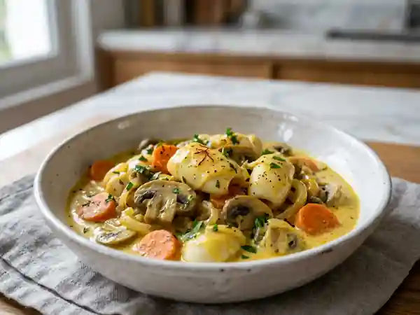 Blanquette de seiche au safran et champignons : plat mijoté savoureux et raffiné - Photo de présentation