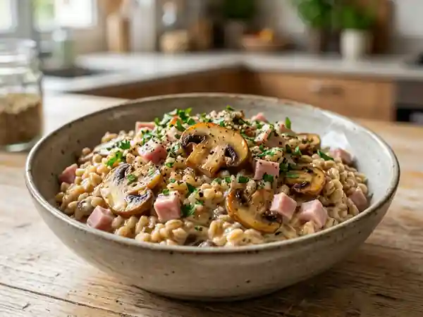 Blé crémeux aux champignons et jambon fondant - Photo de présentation