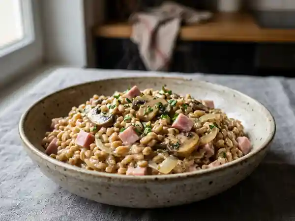 Blé gourmand au jambon et champignons crémeux - Photo de présentation