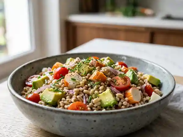 Blé perlé, avocat fondant et surimi frais - Photo de présentation