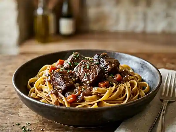 Bœuf confit au vin rouge et pâtes fraîches - Photo de présentation