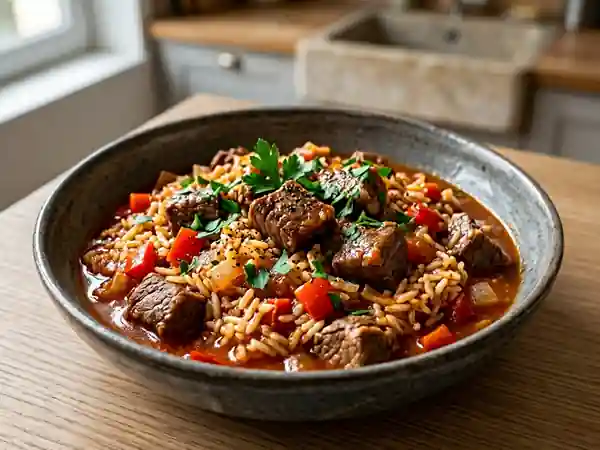 Bœuf fondant au riz épicé et poivrons - Photo de présentation
