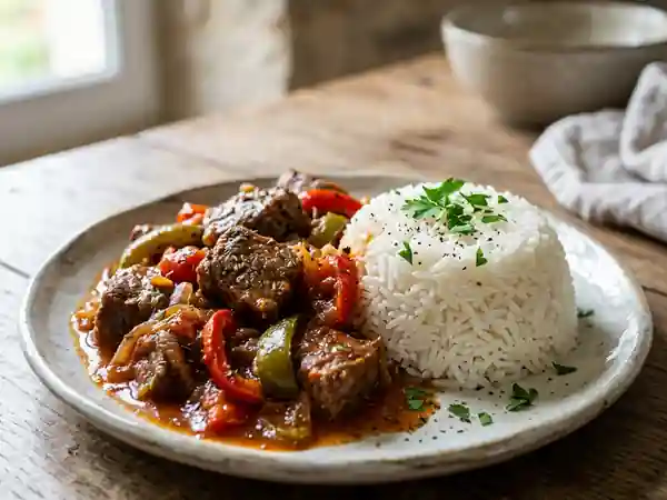 Bœuf fondant aux poivrons et riz parfumé - Photo de présentation