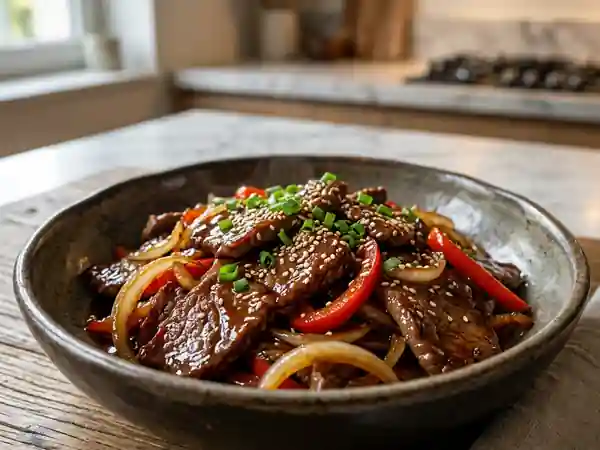 Bœuf sauté au wok, sauce soja et sésame - Photo de présentation