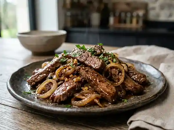 Bœuf sauté au poivre noir et oignons fondants - Photo de présentation