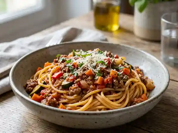 Spaghetti bolognaise fondante aux légumes croquants - Photo de présentation