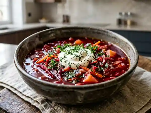 Borchtch traditionnel russe : soupe de betterave savoureuse - Photo de présentation