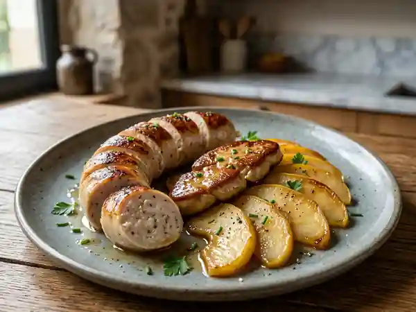 Boudin blanc doré, pommes et foie gras onctueux - Photo de présentation