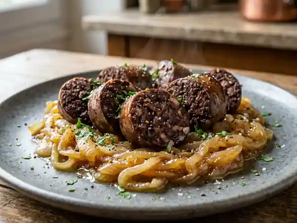 Boudin noir aux oignons fondants : recette traditionnelle savoureuse - Photo de présentation
