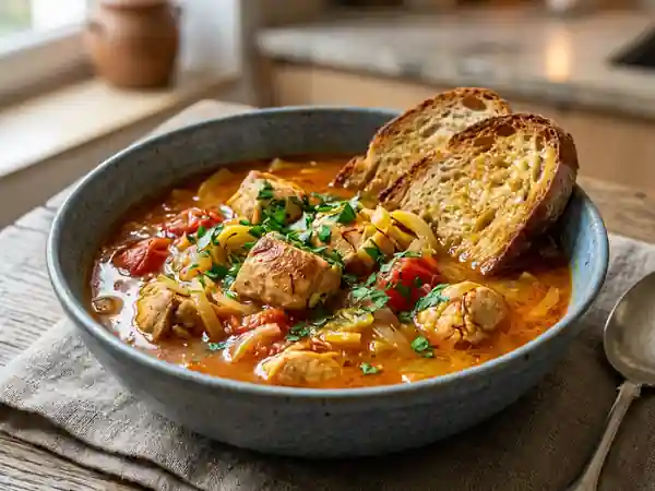 Bouillabaisse de poulet savoureuse aux légumes méditerranéens - Photo de présentation