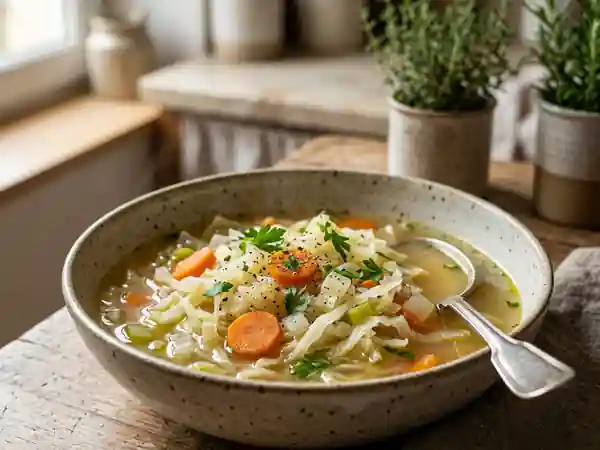 Bouillon de chou fondant et légumes croquants - Photo de présentation