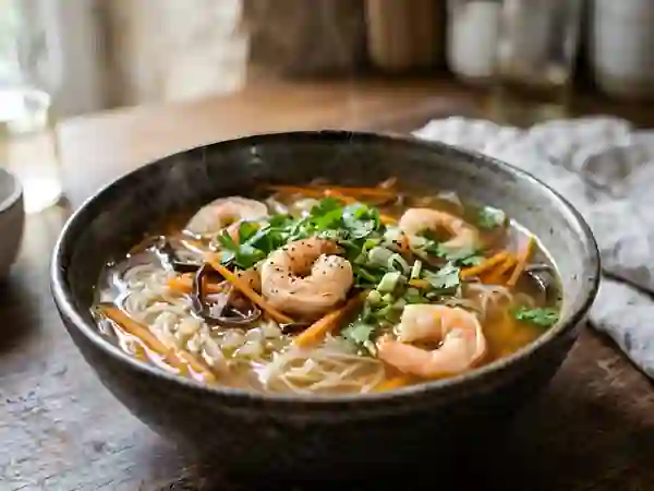 Bouillon de crevettes aux vermicelles et champignons - Photo de présentation