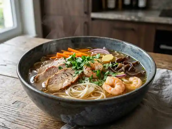 Bouillon parfumé au porc, crevettes et nouilles - Photo de présentation