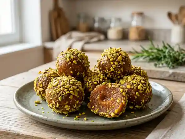 Boules gourmandes d'abricots secs aux éclats de pistaches - Photo de présentation