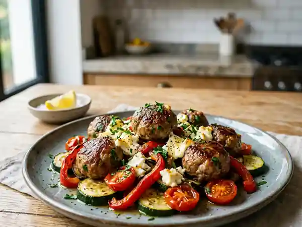 Boulettes de bœuf fondantes et légumes grillés - Photo de présentation