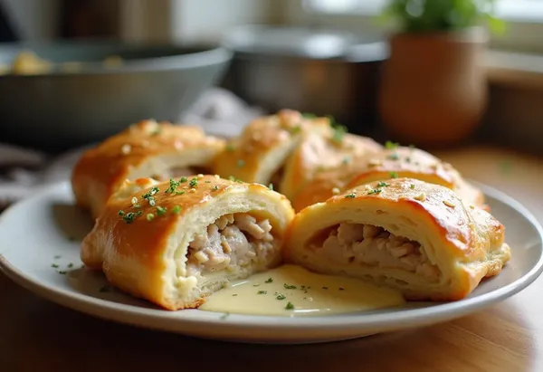 Bourecks croustillants au thon et poulet, nappés de sauce béchamel onctueuse