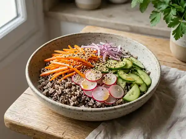 Bowl de riz sauvage aux légumes marinés frais et savoureux - Photo de présentation