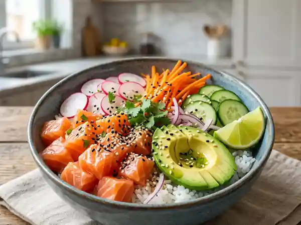 Bowl poke au saumon frais et légumes croquants, recette saine et gourmande - Photo de présentation