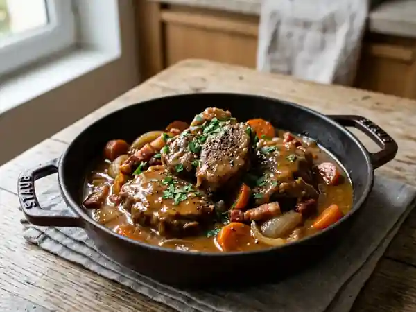 Braisé de veau fondant au lard et vin blanc aromatique - Photo de présentation