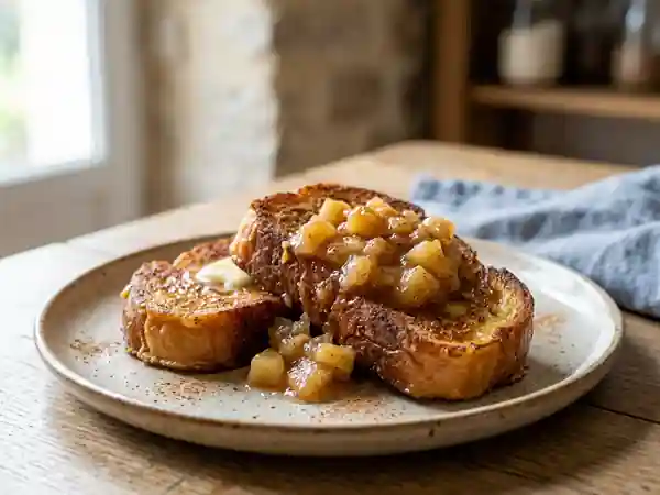 Brioche perdue caramélisée, compote à la cannelle - Photo de présentation