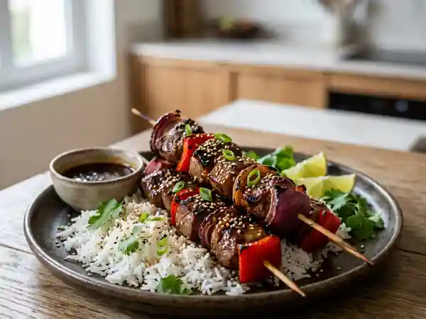 Brochettes d'agneau laquées au miel et sésame - Photo de présentation