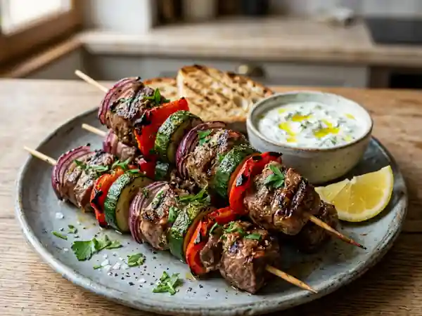 Brochettes d'agneau grillées aux légumes colorés - Photo de présentation