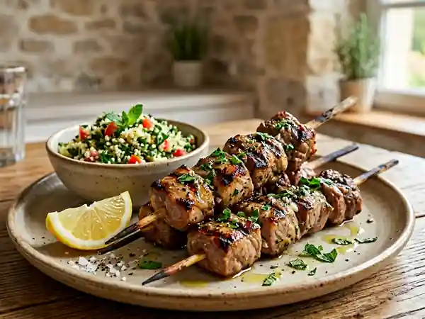 Brochettes d'agneau marinées à la menthe fraîche, grillées à la perfection - Photo de présentation