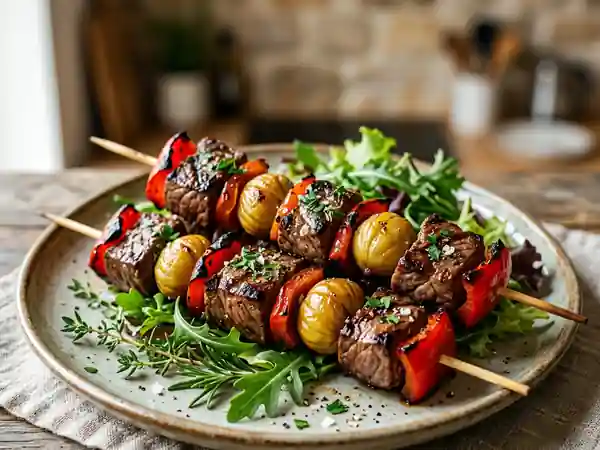 Brochettes de bœuf fondantes miel et marrons - Photo de présentation