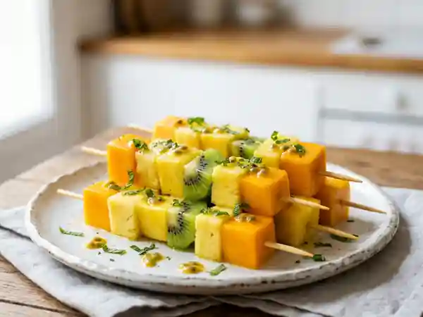 Brochettes de fruits exotiques fraîches et colorées - Photo de présentation
