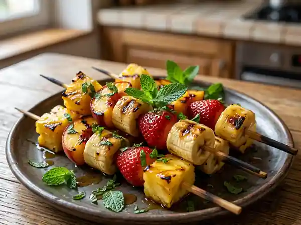 Brochettes de fruits caramélisées miel et menthe - Photo de présentation