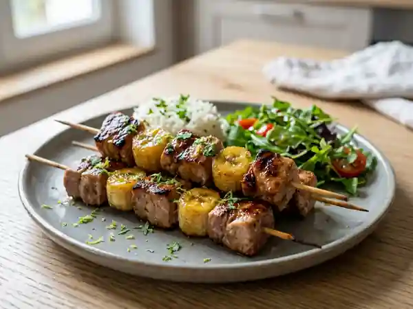 Brochettes de porc marinées à la banane caramélisée - Photo de présentation