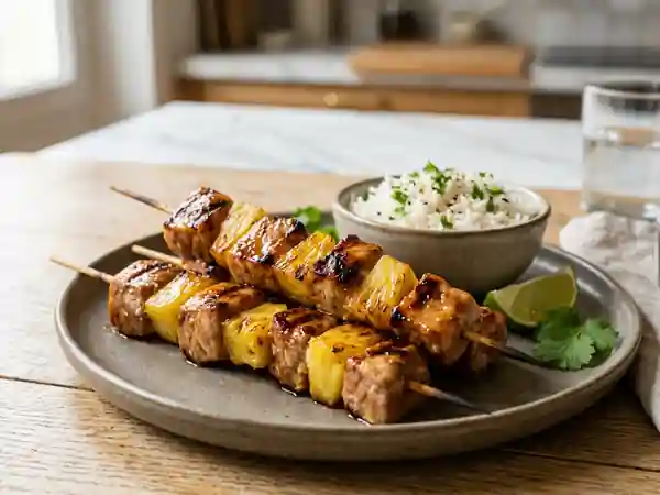 Brochettes de porc marinées à l'ananas : recette facile et économique - Photo de présentation