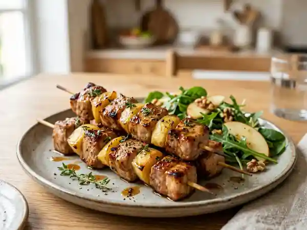 Brochettes de porc marinées aux pommes fondantes - Photo de présentation