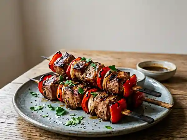 Brochettes de porc laquées au miel et soja - Photo de présentation