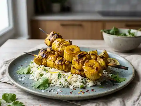 Brochettes de poulet au curry et banane : recette savoureuse et exotique - Photo de présentation