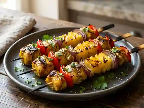 Brochettes de poulet curry-ananas caramélisées - Photo de présentation