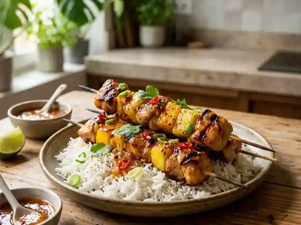 Brochettes de poulet grillées à la sauce pimentée aux fruits - Photo de présentation