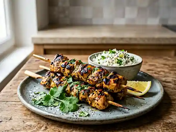 Brochettes de poulet tendres au yaourt et coriandre - Photo de présentation