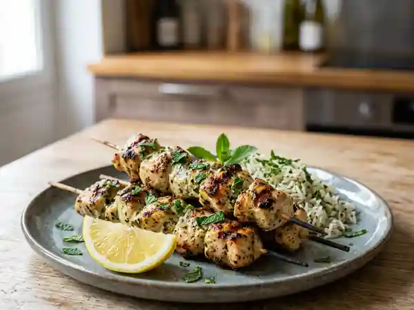 Brochettes de poulet marinées à la menthe fraîche, grillées à la perfection - Photo de présentation