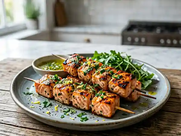 Brochettes de saumon express au citron et herbes fraîches - Photo de présentation