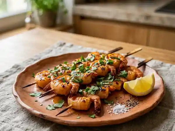 Brochettes de scampis marinés au miel et épices douces - Photo de présentation