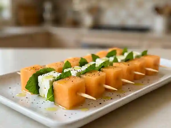 Brochettes fraîches de melon et feta pour apéritif estival - Photo de présentation