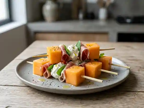 Brochettes melon-jambon, cœur frais et menthe - Photo de présentation