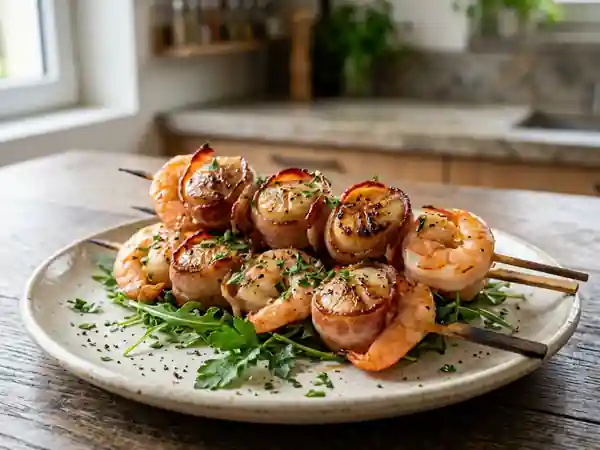 Brochettes gourmandes de Saint-Jacques et crevettes enrobées de bacon - Photo de présentation