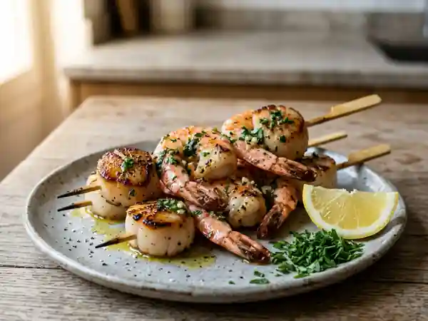 Brochettes gourmandes de Saint-Jacques et gambas grillées - Photo de présentation