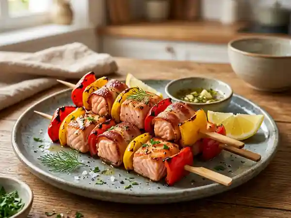 Brochettes de saumon fumées au lard et poivrons - Photo de présentation